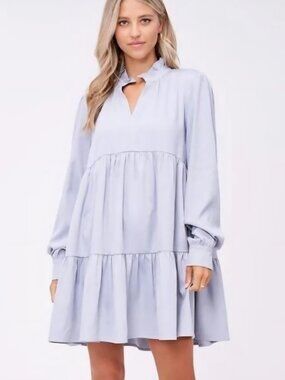 En Saison Long-sleeve Tiered Babydoll Mini Dress Light Grey-blue tone size small